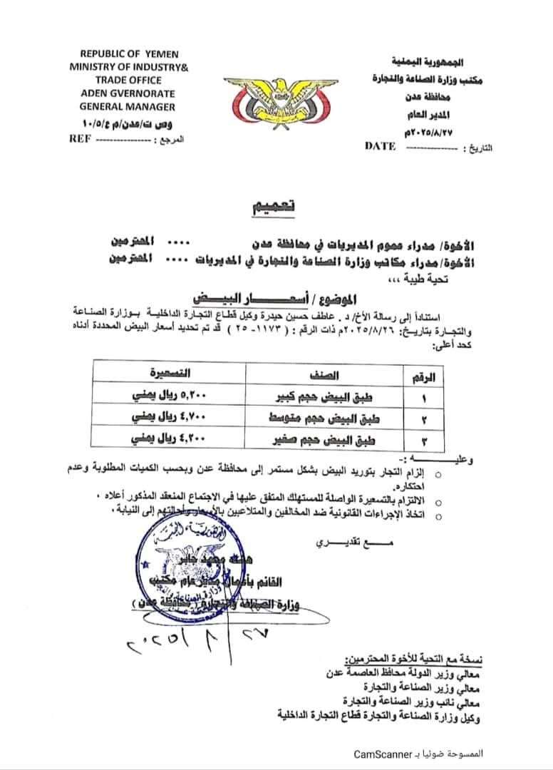 تحذيرات من التلاعب بأسعار البيض بعدن و الكشف عن التسعيرة الجديدة