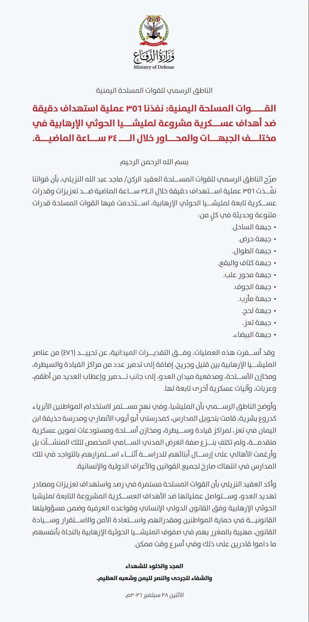 عاجل: ناطق القوات المسلحة يعلن تنفيذ 351 عملية استهداف دقيقة ضد الحو ثيين خلال 24 ساعة