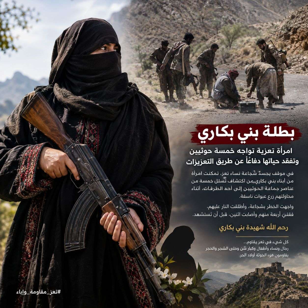 بطلة بني بكاري.. امرأة تعزية تواجه خمسة مسلحين حو ثيين وتفقد حياتها
